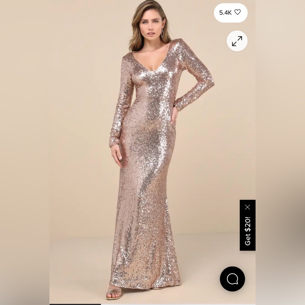 Lulu's Sparkling Gold Sequin Long Sleeve Evening Dress worn once